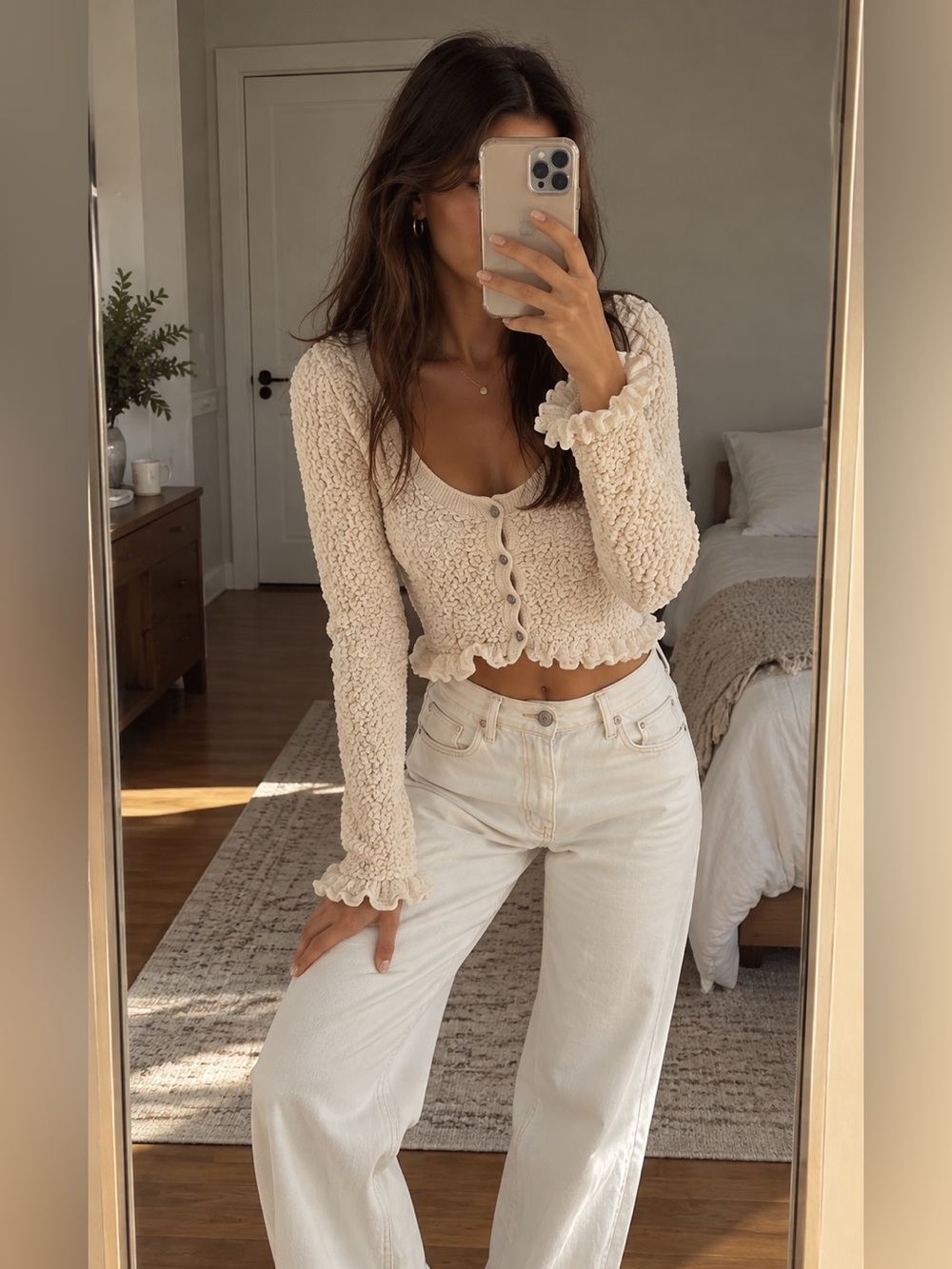 Free People Cream Textured Ruffle Cropped Cardigan Sweater M